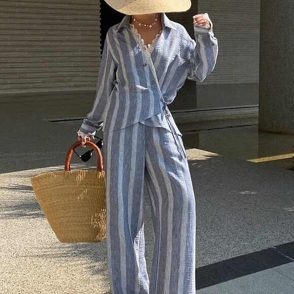 Navy Blue Casual Women's Lace Patchwork Shirt Top And Pants Set - Picture 3 of 7